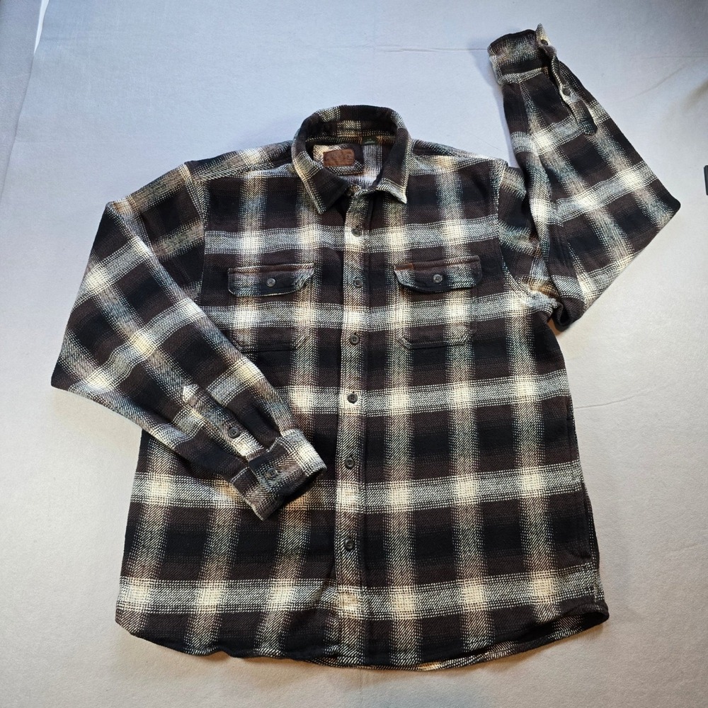 Orvis Heavyweight Flannel Shirt Jacket Large Brown Black Plaid Shacket Pockets